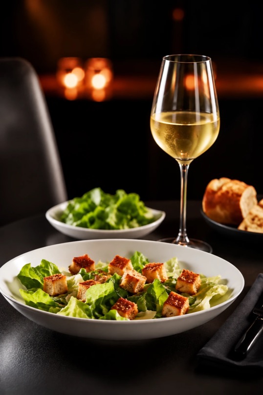Salada com croutons harmonizada com vinho branco